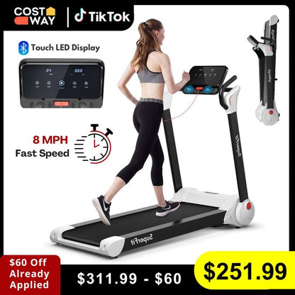 [Costway]- Folding Treadmill, 2.25HP Electric Motorized Running Walking Machine with LED Touch Screen, Portable Cardio Workout Treadmill for Home Gym Office-Mother'S Day Gift